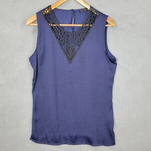Noir Tank Top Women's Medium Blue Lace V-Neck‎ Keyhole Back Sleeveless Pullover